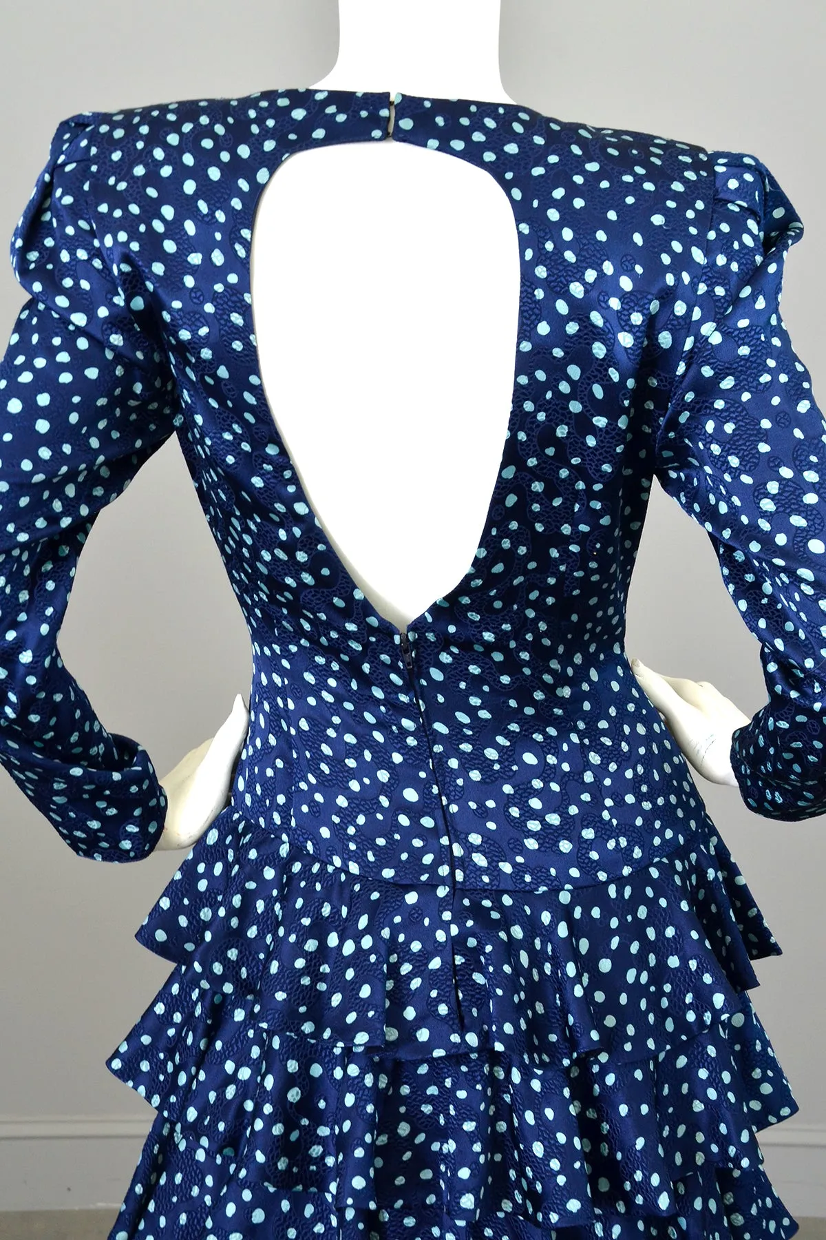 1980s A J Bari Navy Navy Blue Silk Polka Dot Tiered Ruffle Skirt Key Hole Open Back Dress