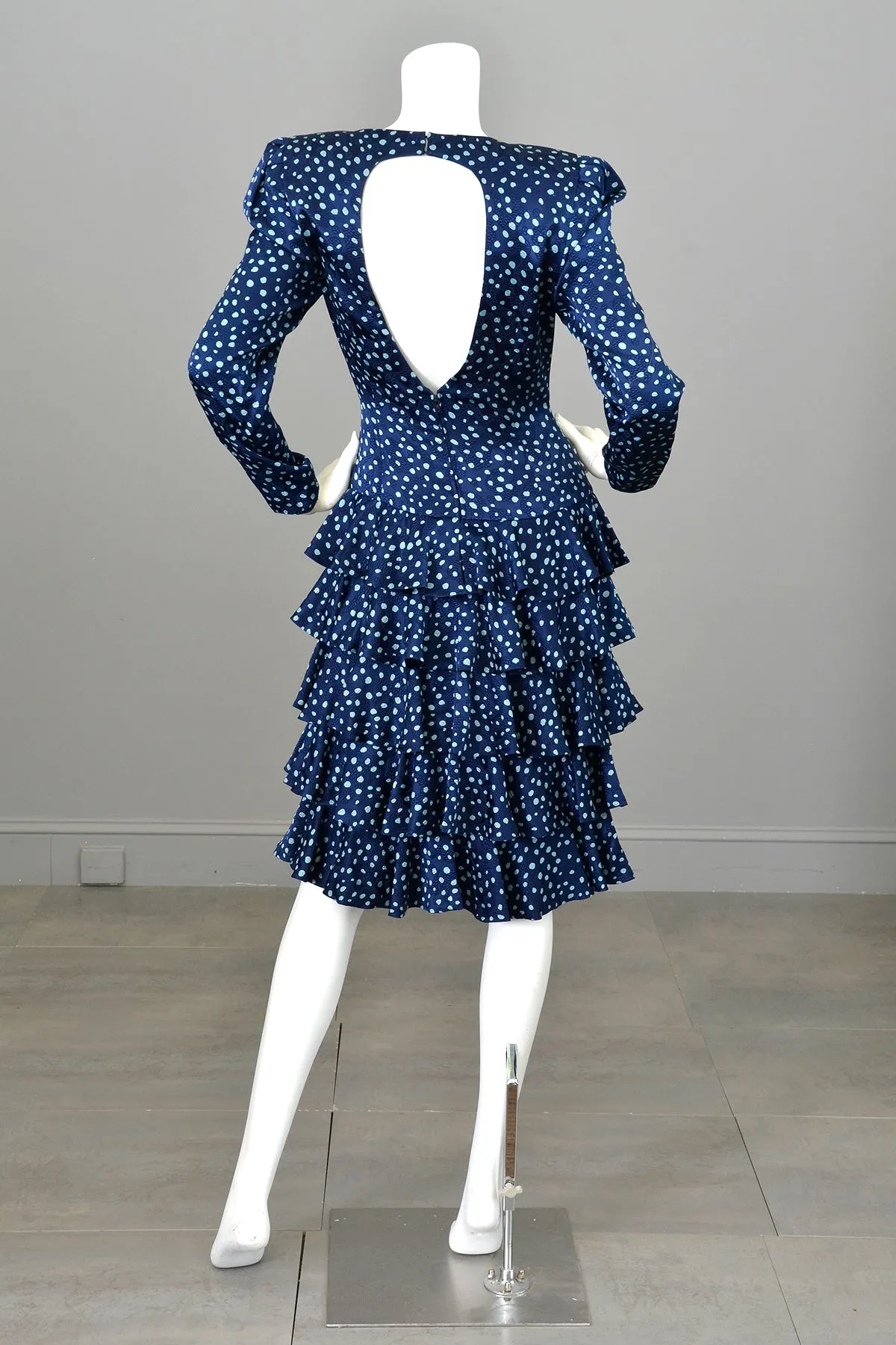 1980s A J Bari Navy Navy Blue Silk Polka Dot Tiered Ruffle Skirt Key Hole Open Back Dress