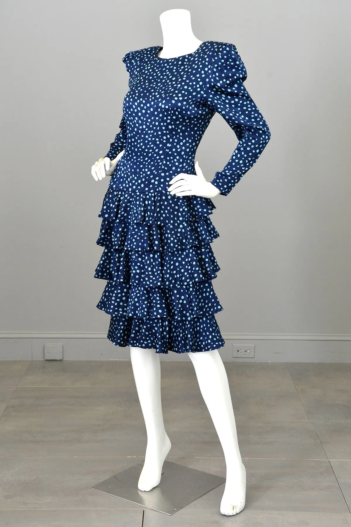 1980s A J Bari Navy Navy Blue Silk Polka Dot Tiered Ruffle Skirt Key Hole Open Back Dress