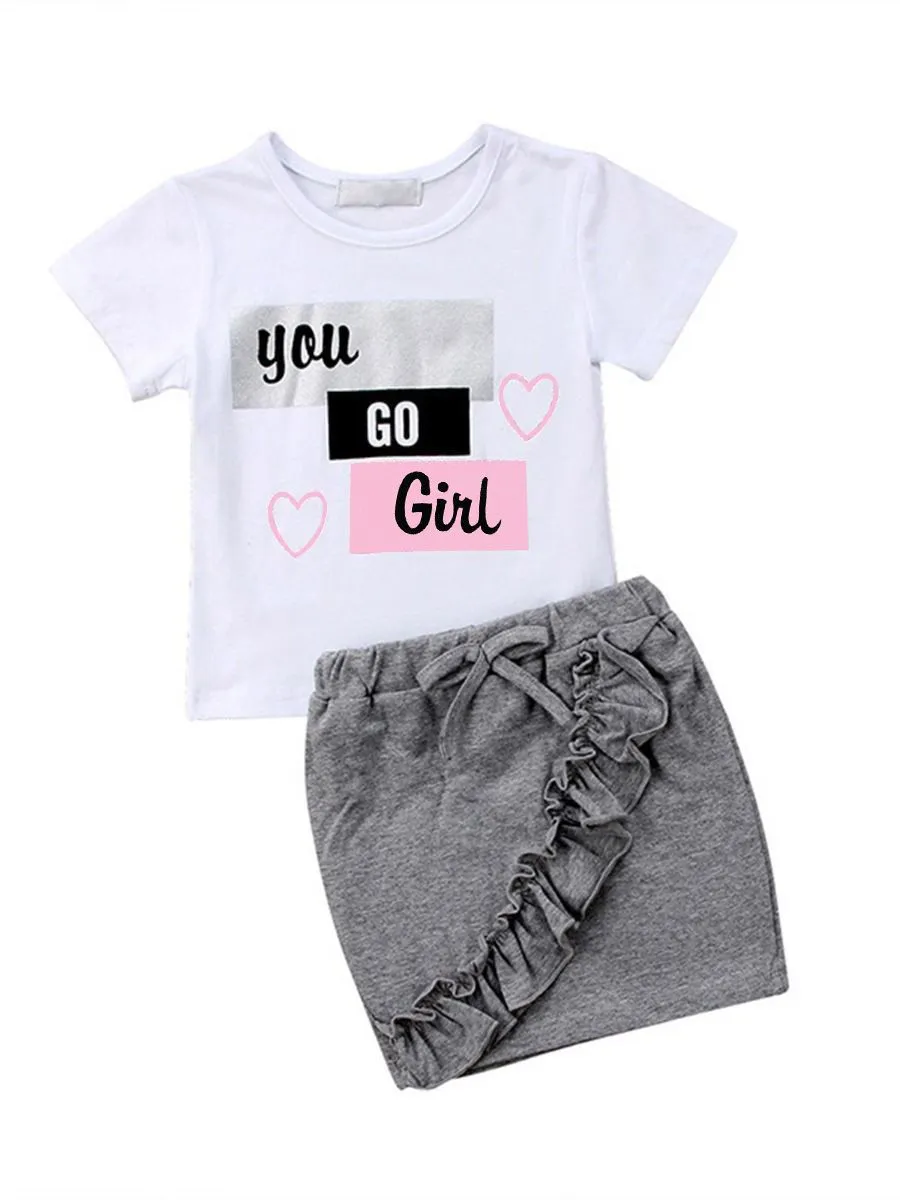 2-Piece Children's Outfit Love Heart T-shirt Matching Ruffle Skirt Summer