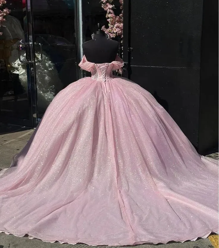 A-line Off The Shoulder Tulle Prom Dress Baby pink quince dress Ball Gowns      fg5244