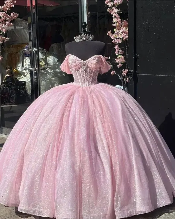 A-line Off The Shoulder Tulle Prom Dress Baby pink quince dress Ball Gowns      fg5244