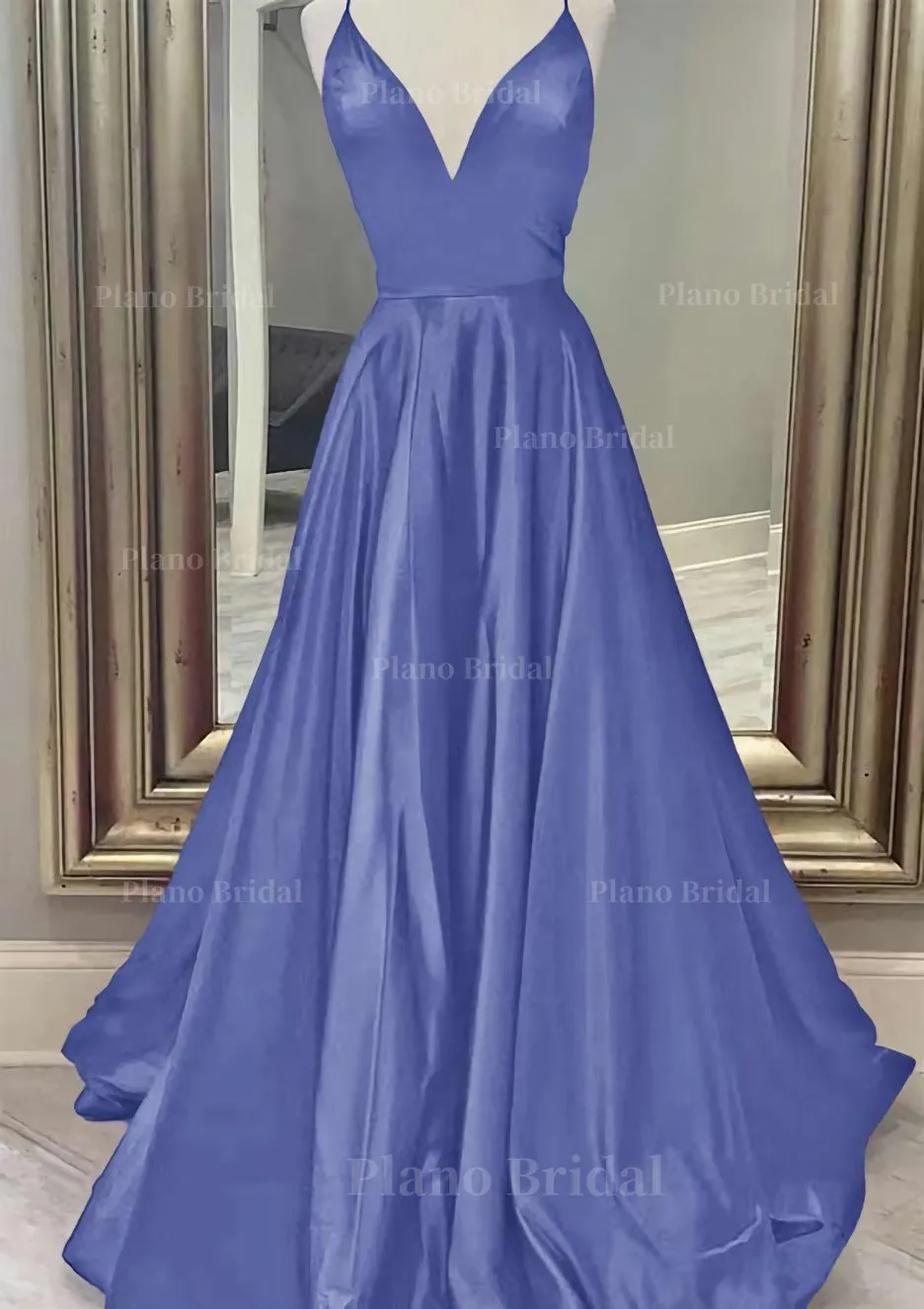 A-line V Neck Spaghetti Straps Long/Floor-Length Charmeuse Prom Dress With Pockets