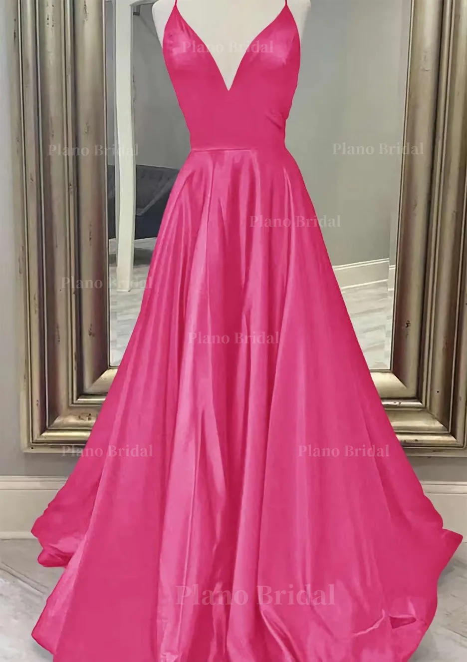 A-line V Neck Spaghetti Straps Long/Floor-Length Charmeuse Prom Dress With Pockets