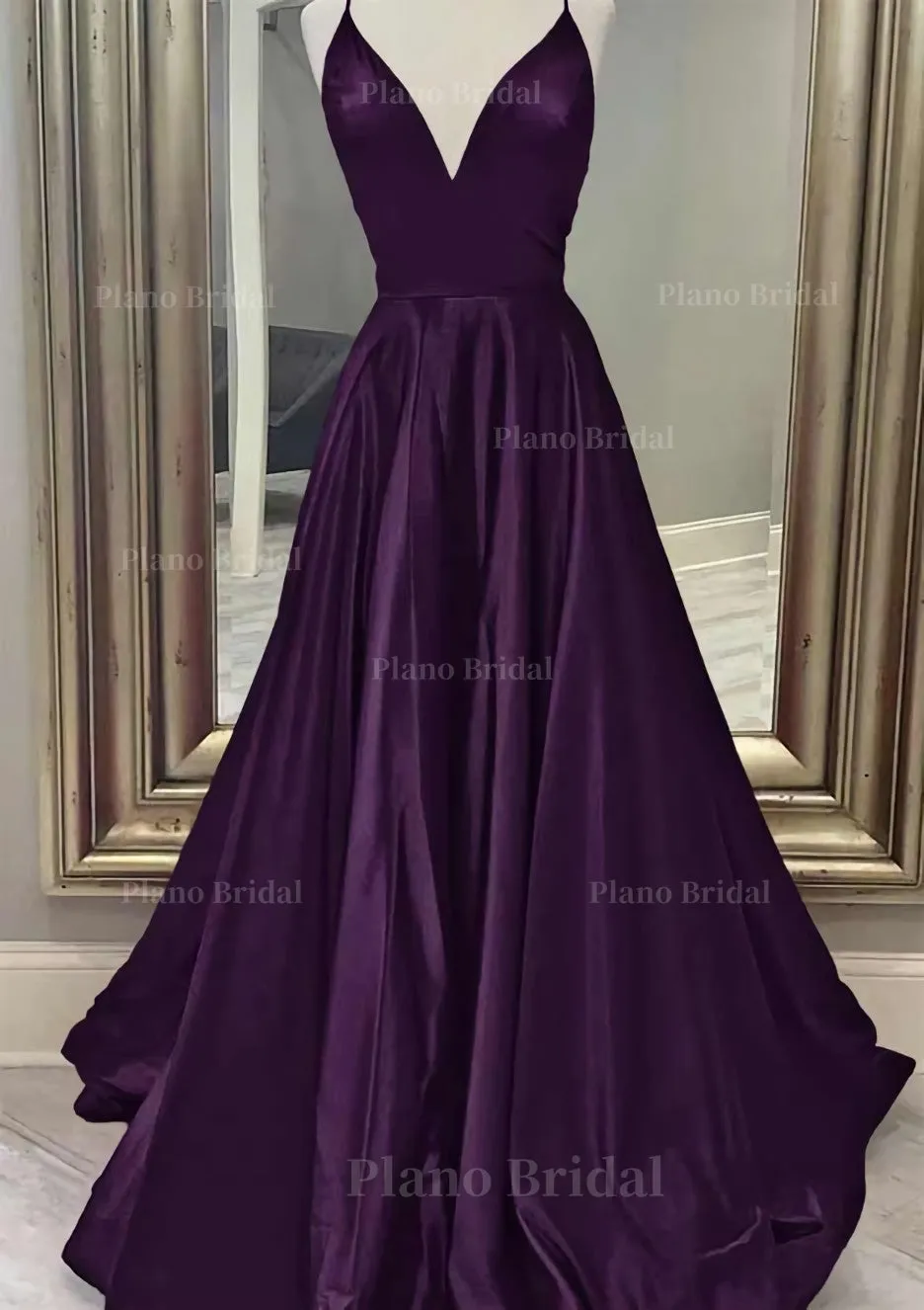 A-line V Neck Spaghetti Straps Long/Floor-Length Charmeuse Prom Dress With Pockets