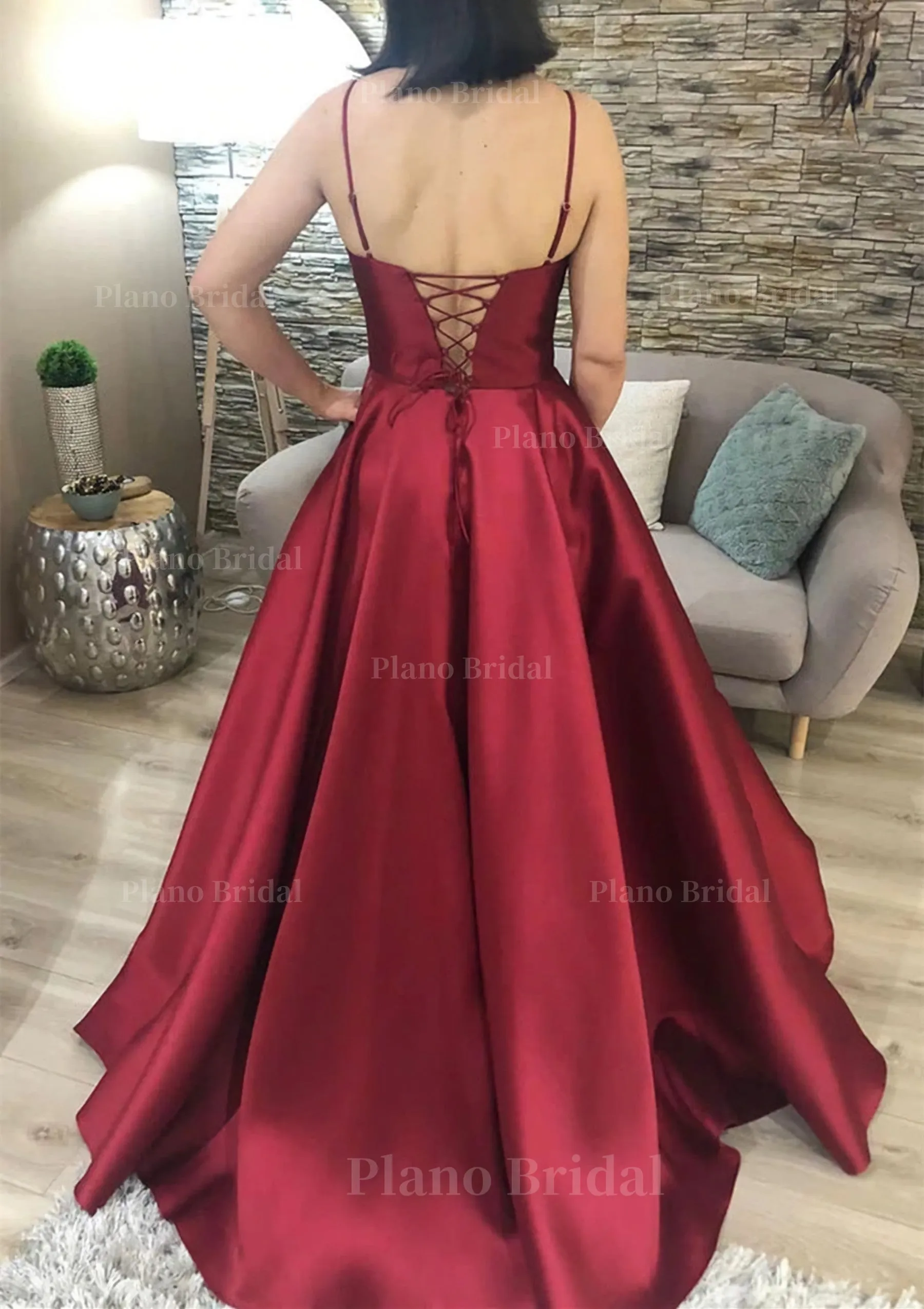 A-line V Neck Spaghetti Straps Long/Floor-Length Charmeuse Prom Dress With Pockets