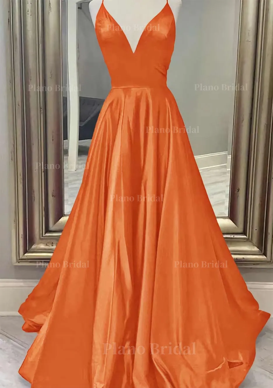 A-line V Neck Spaghetti Straps Long/Floor-Length Charmeuse Prom Dress With Pockets