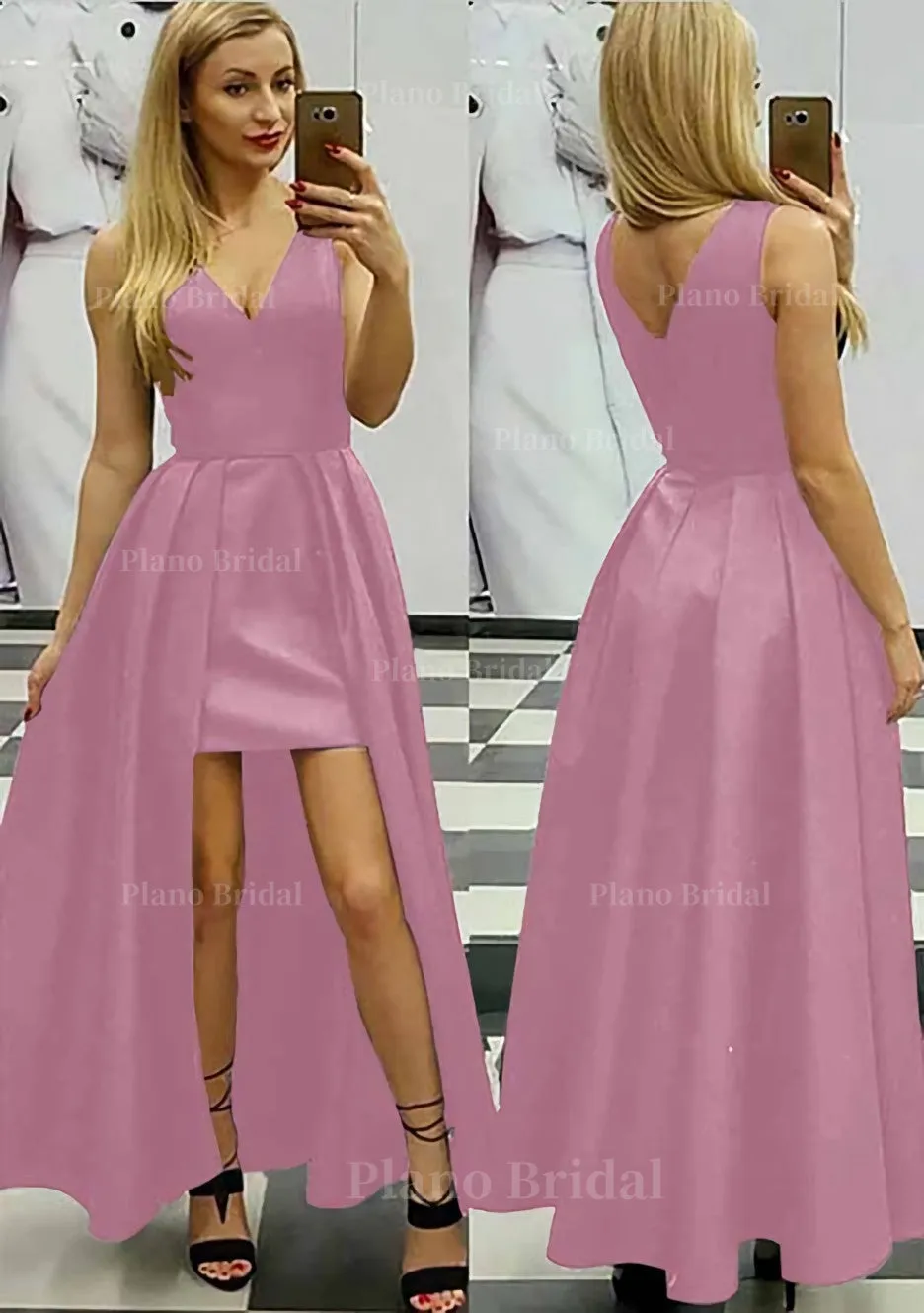 A-line/Princess V Neck Sleeveless Asymmetrical Satin Prom Dress With Pleated