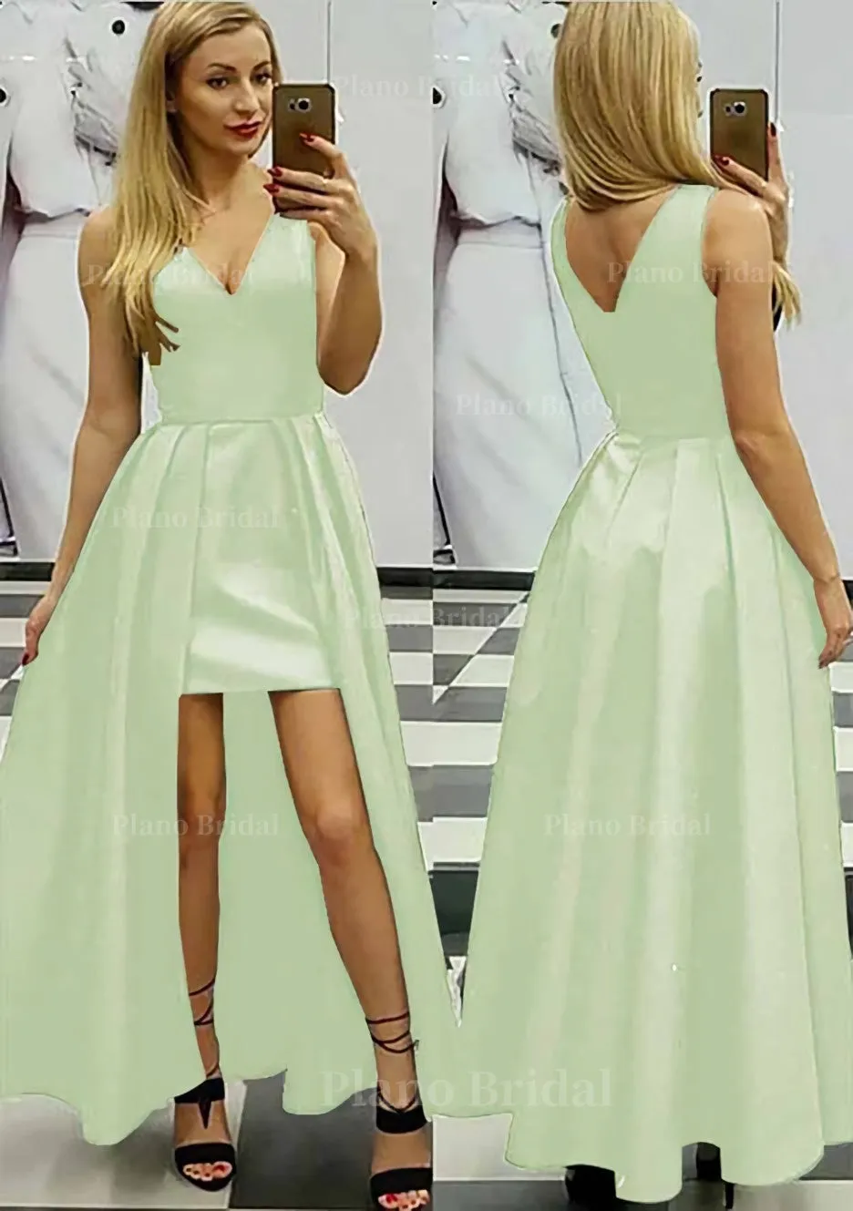 A-line/Princess V Neck Sleeveless Asymmetrical Satin Prom Dress With Pleated