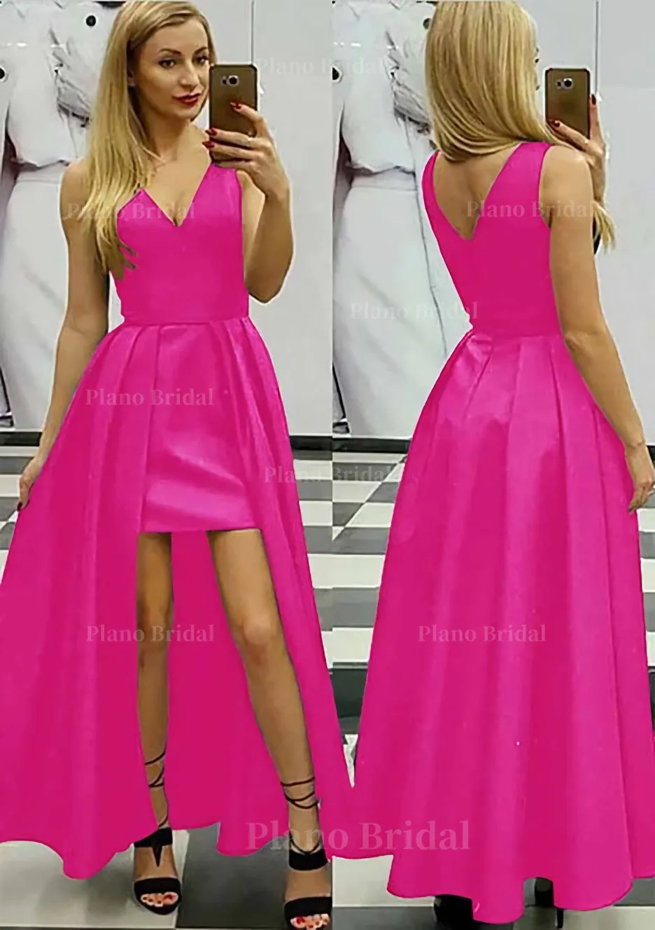 A-line/Princess V Neck Sleeveless Asymmetrical Satin Prom Dress With Pleated