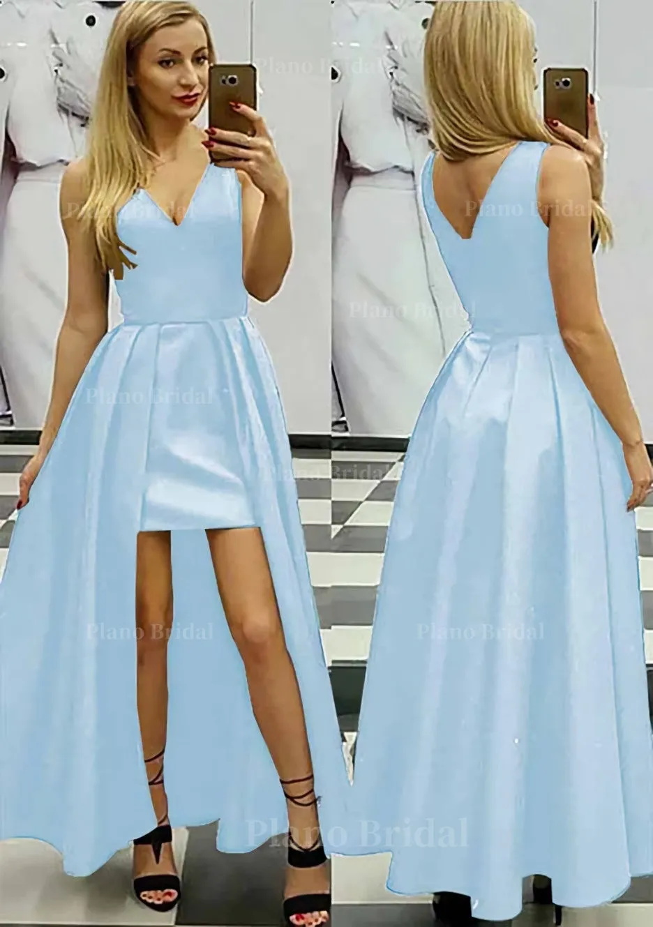 A-line/Princess V Neck Sleeveless Asymmetrical Satin Prom Dress With Pleated