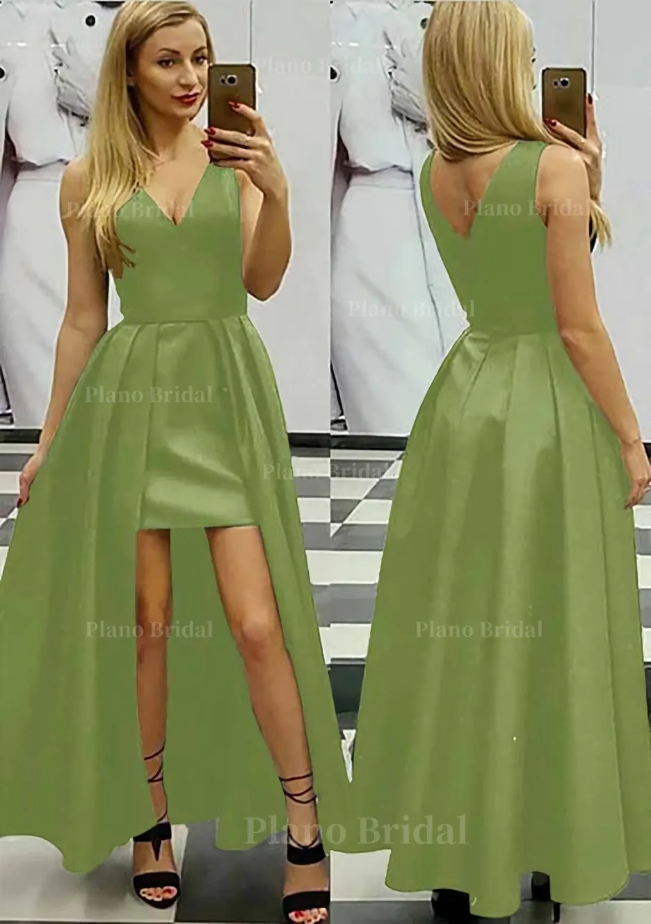 A-line/Princess V Neck Sleeveless Asymmetrical Satin Prom Dress With Pleated