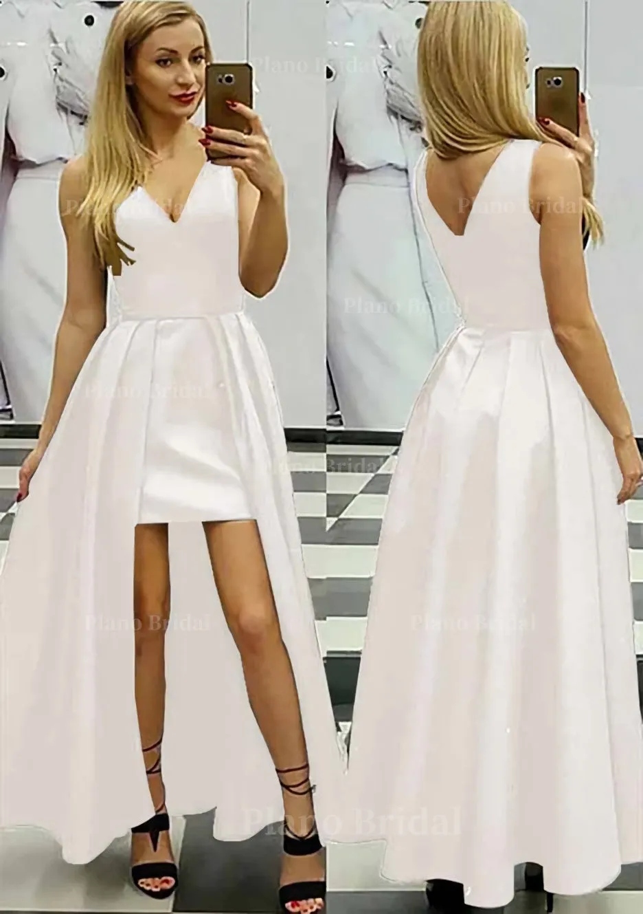 A-line/Princess V Neck Sleeveless Asymmetrical Satin Prom Dress With Pleated