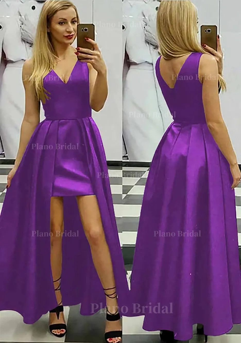 A-line/Princess V Neck Sleeveless Asymmetrical Satin Prom Dress With Pleated