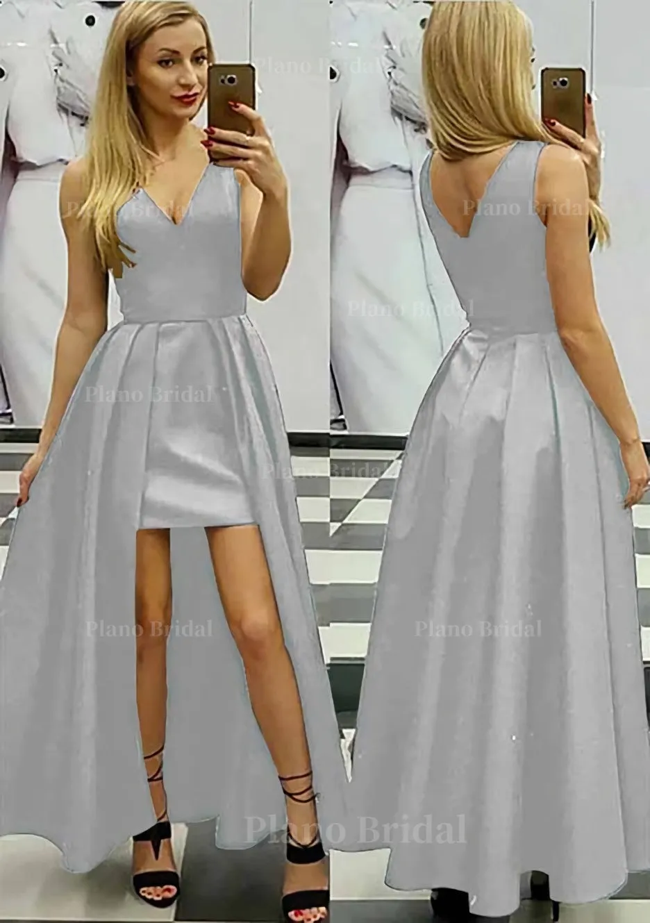 A-line/Princess V Neck Sleeveless Asymmetrical Satin Prom Dress With Pleated