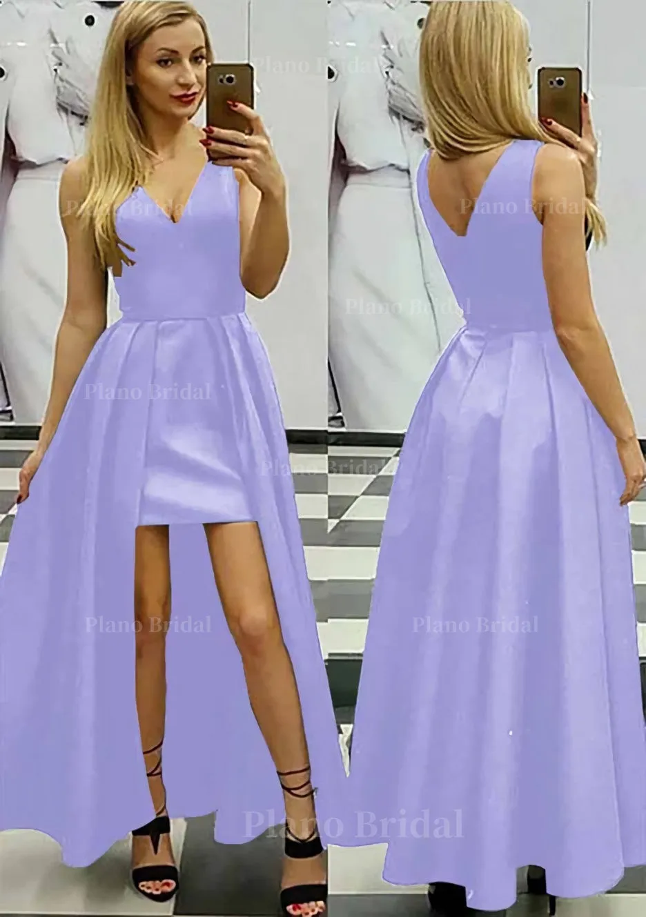 A-line/Princess V Neck Sleeveless Asymmetrical Satin Prom Dress With Pleated