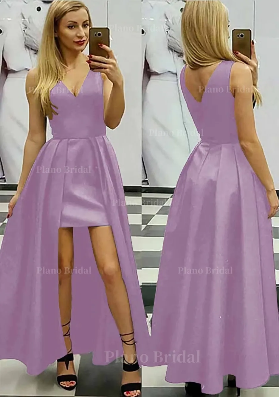 A-line/Princess V Neck Sleeveless Asymmetrical Satin Prom Dress With Pleated