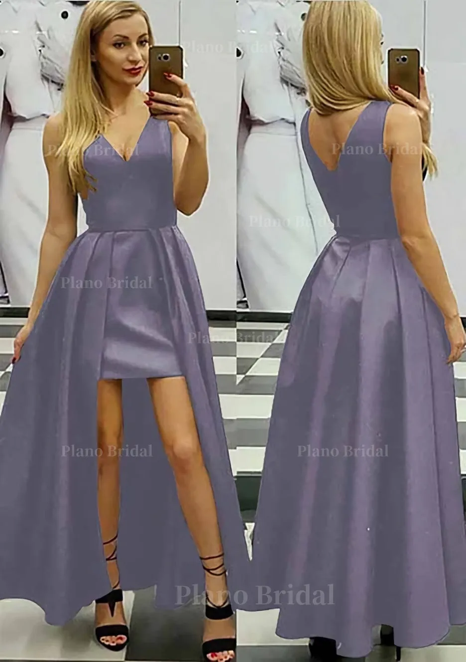 A-line/Princess V Neck Sleeveless Asymmetrical Satin Prom Dress With Pleated