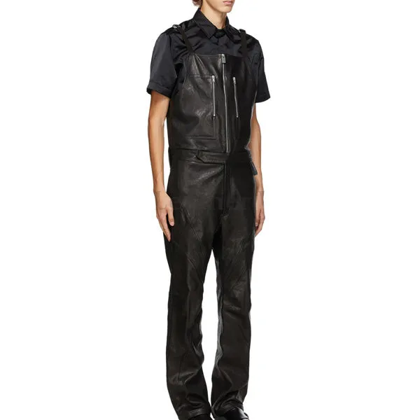 Adjustable Shoulder Straps Men Leather Jumpsuit