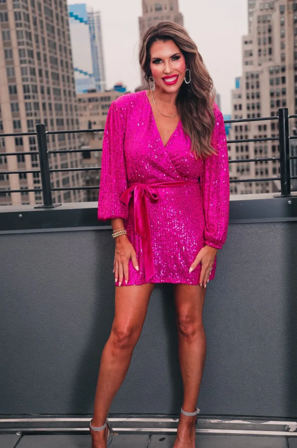 All Of The Lights Pink Sequin Faux Wrap Dress