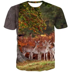 Animal T-shirt Men Deer T-shirts Graphic Landscape Shirt Print Tree Tshirts Cool