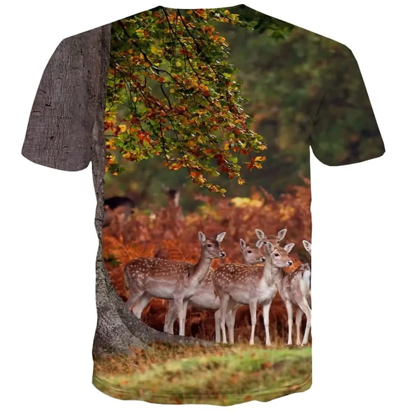 Animal T-shirt Men Deer T-shirts Graphic Landscape Shirt Print Tree Tshirts Cool