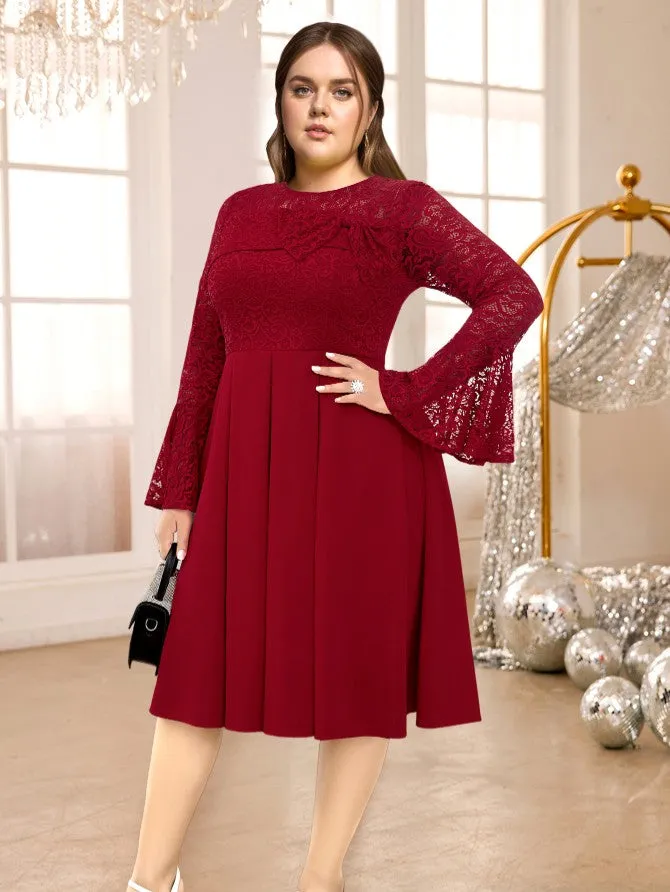 AOMEIDRESS O Neck Bowite Flare Sleeve Lace Patchwork A-Line Dress