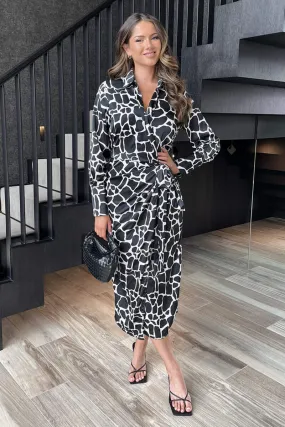 AX PARIS BLACK AND WHITE GIRAFFE PRINT SIDE TIE WAIST WRAP MIDI DRESS