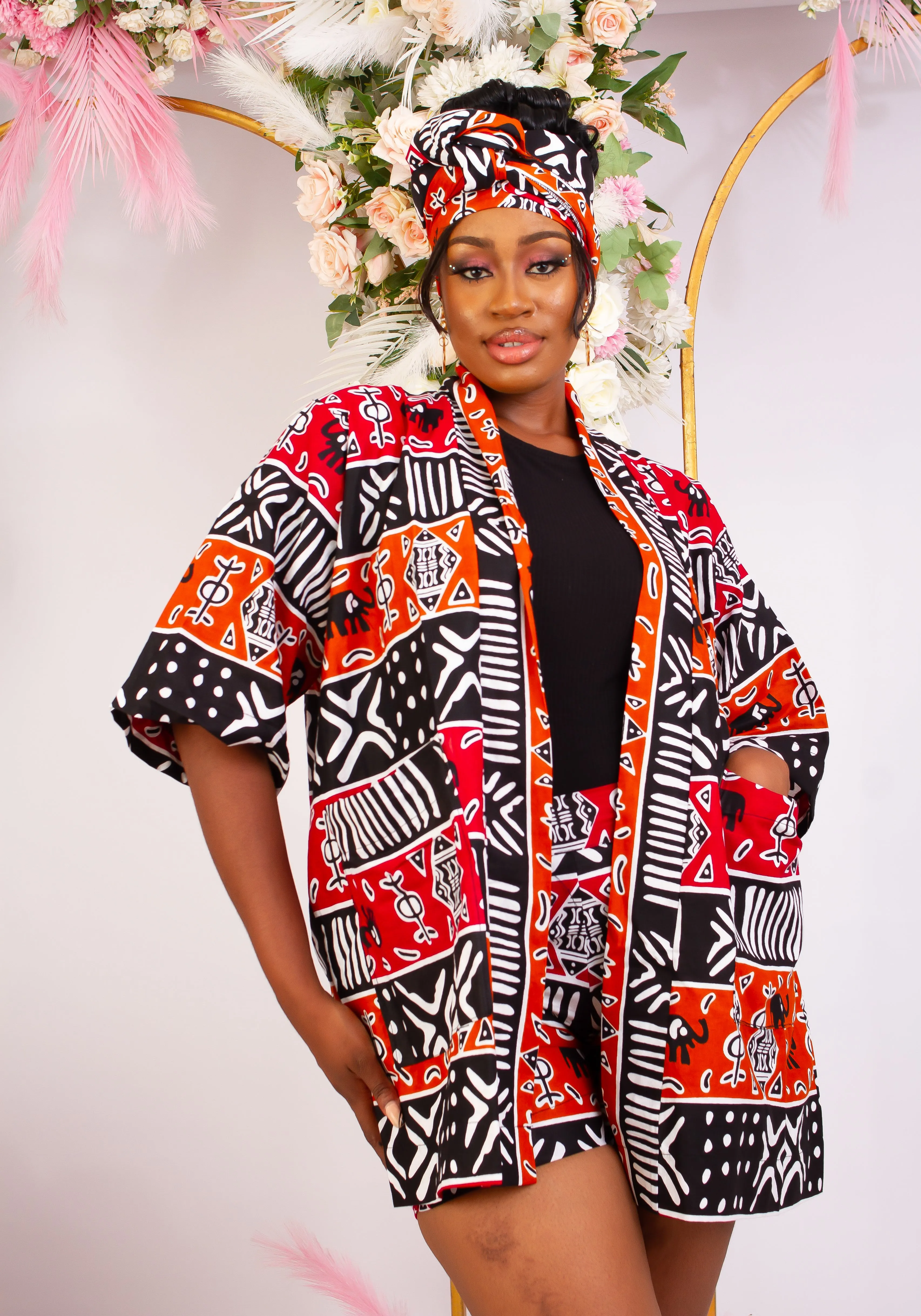 Back in Stock - 3pcs African Print Short Kimono Jacket, Shorts and Headwrap Set- Raluchi