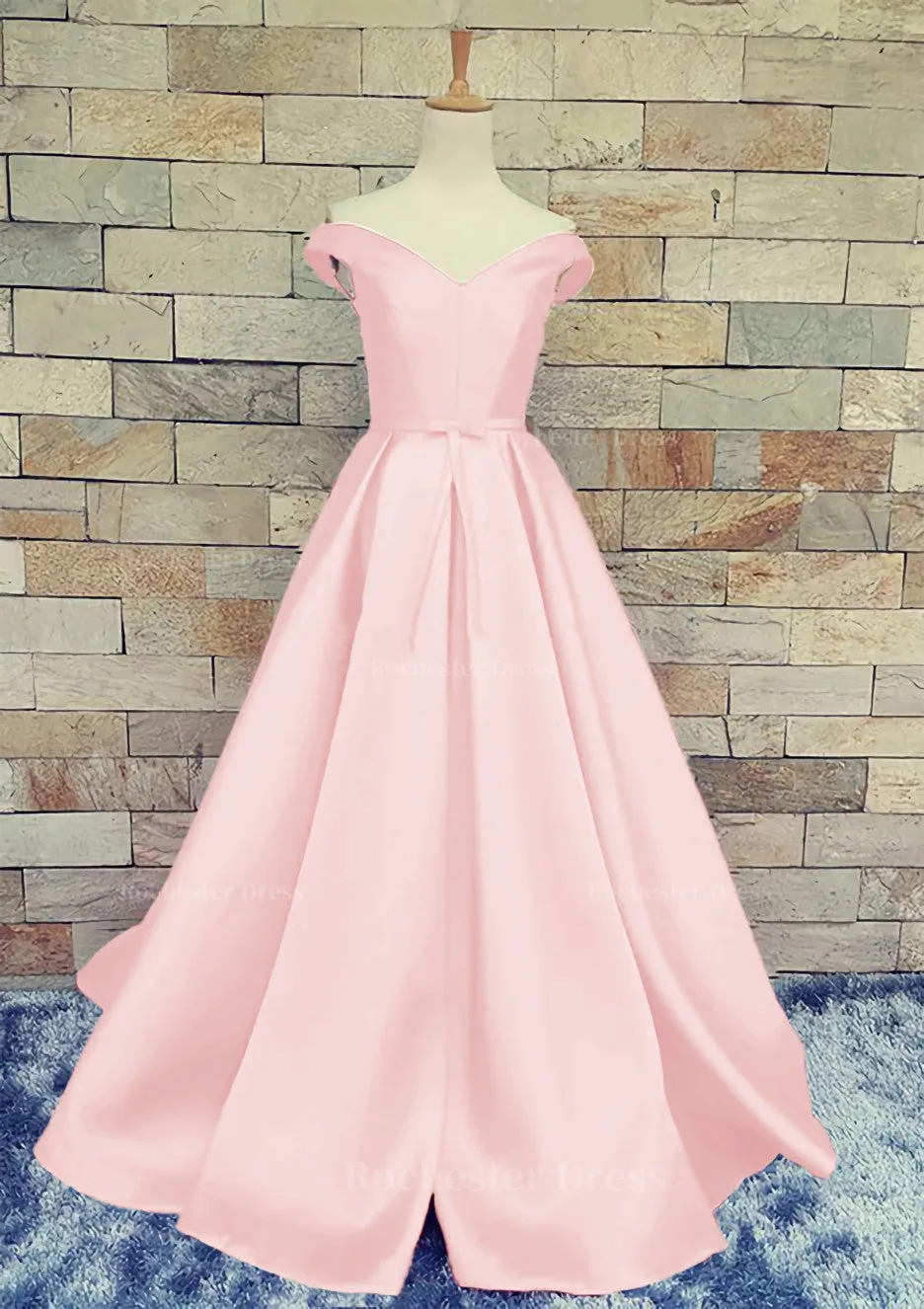 Ball Gown Off-The-Shoulder Sweep Train Satin Prom Dresses With Waistband