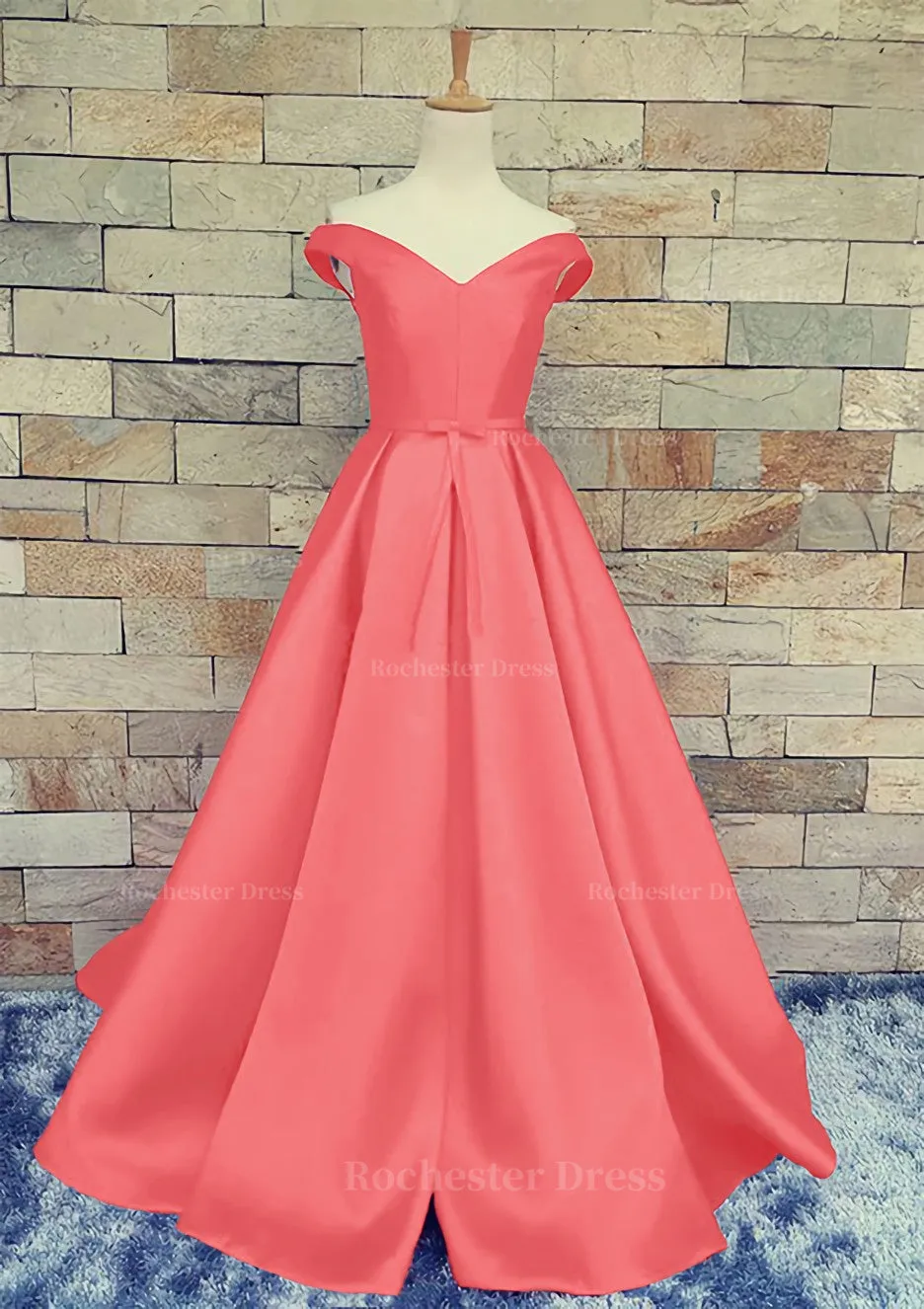 Ball Gown Off-The-Shoulder Sweep Train Satin Prom Dresses With Waistband