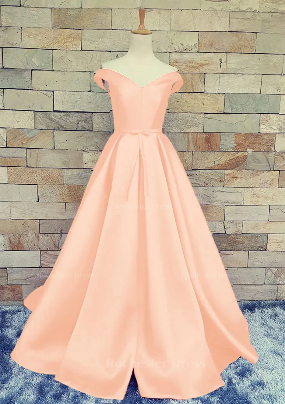 Ball Gown Off-The-Shoulder Sweep Train Satin Prom Dresses With Waistband