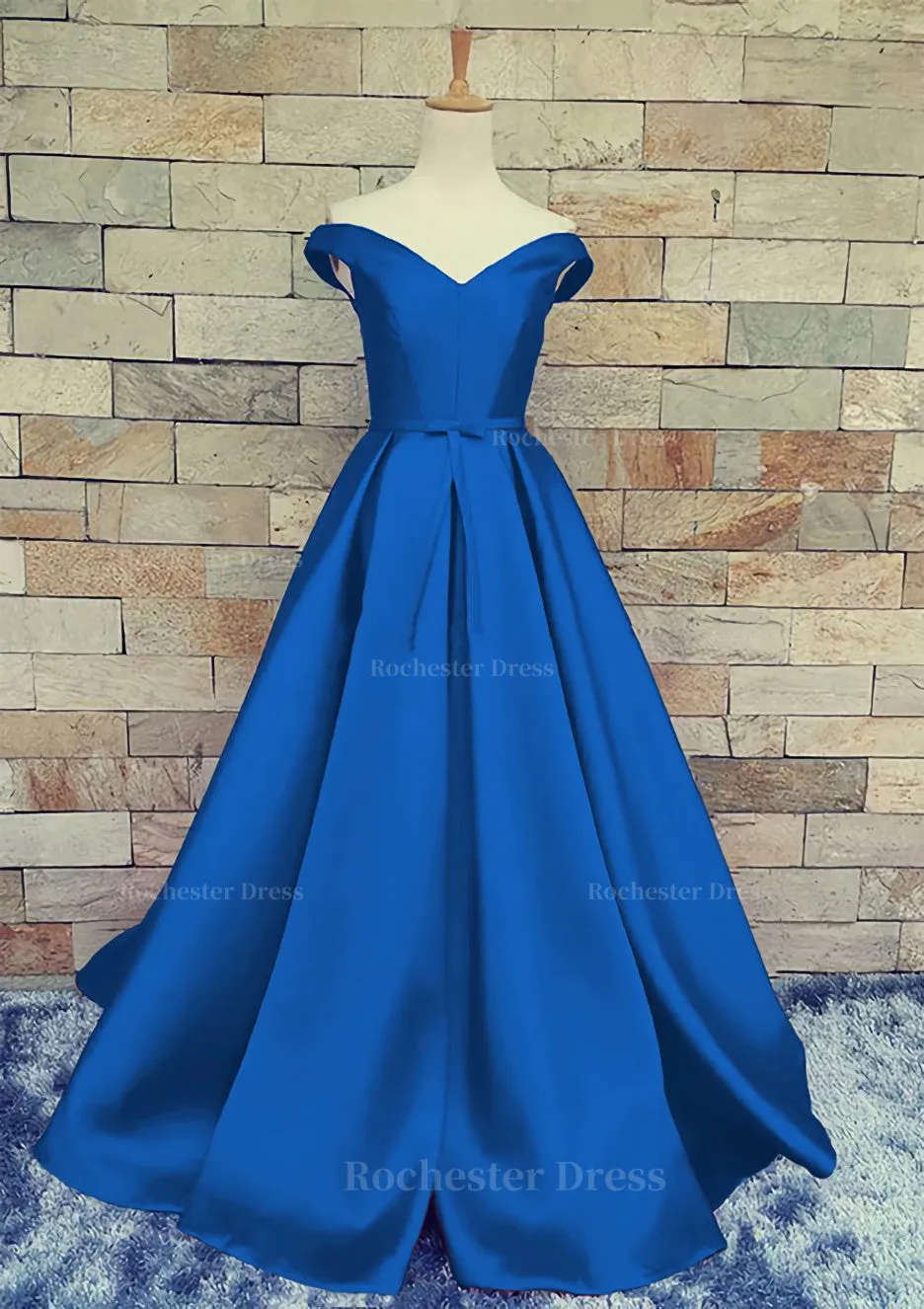 Ball Gown Off-The-Shoulder Sweep Train Satin Prom Dresses With Waistband