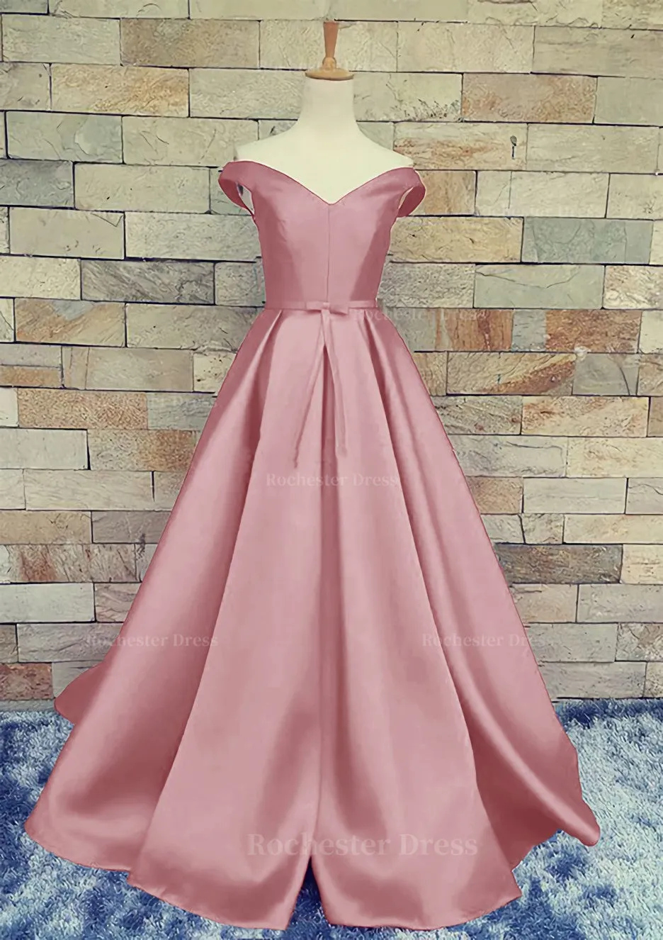 Ball Gown Off-The-Shoulder Sweep Train Satin Prom Dresses With Waistband