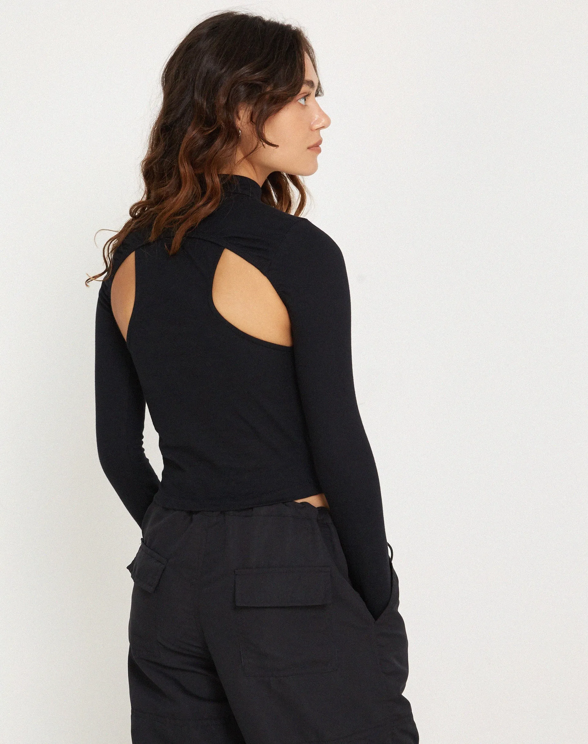 Bandi Long Sleeve High Neck Cut Out Top in Black