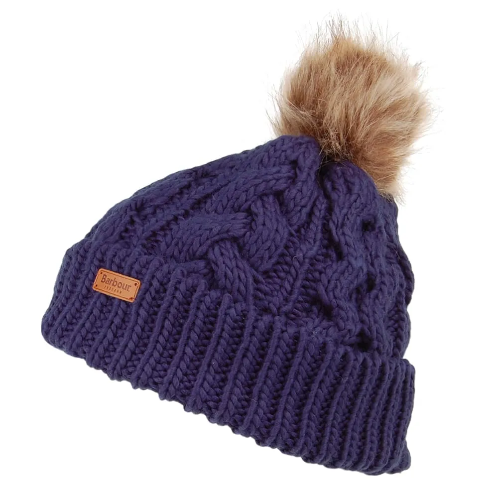 Barbour Hats Penshaw Cable Knit Faux Fur Pom Bobble Hat - Navy Blue