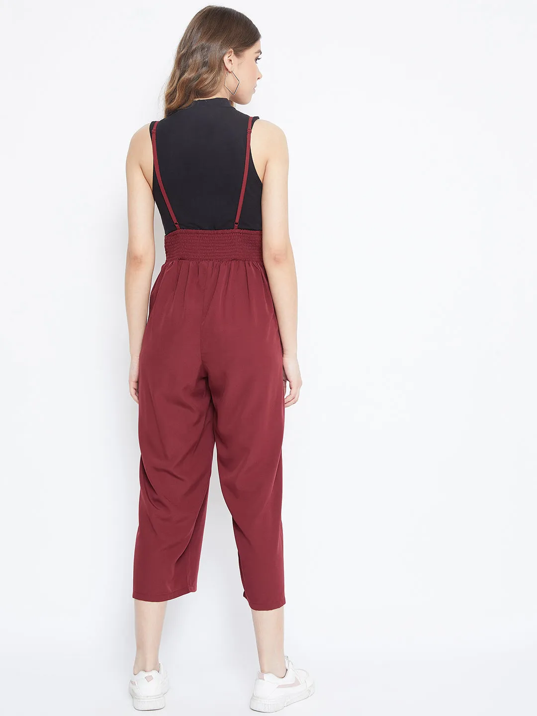 Berrylush Women Solid Maroon Smocked Back Tie-Up Capri Jumpsuit