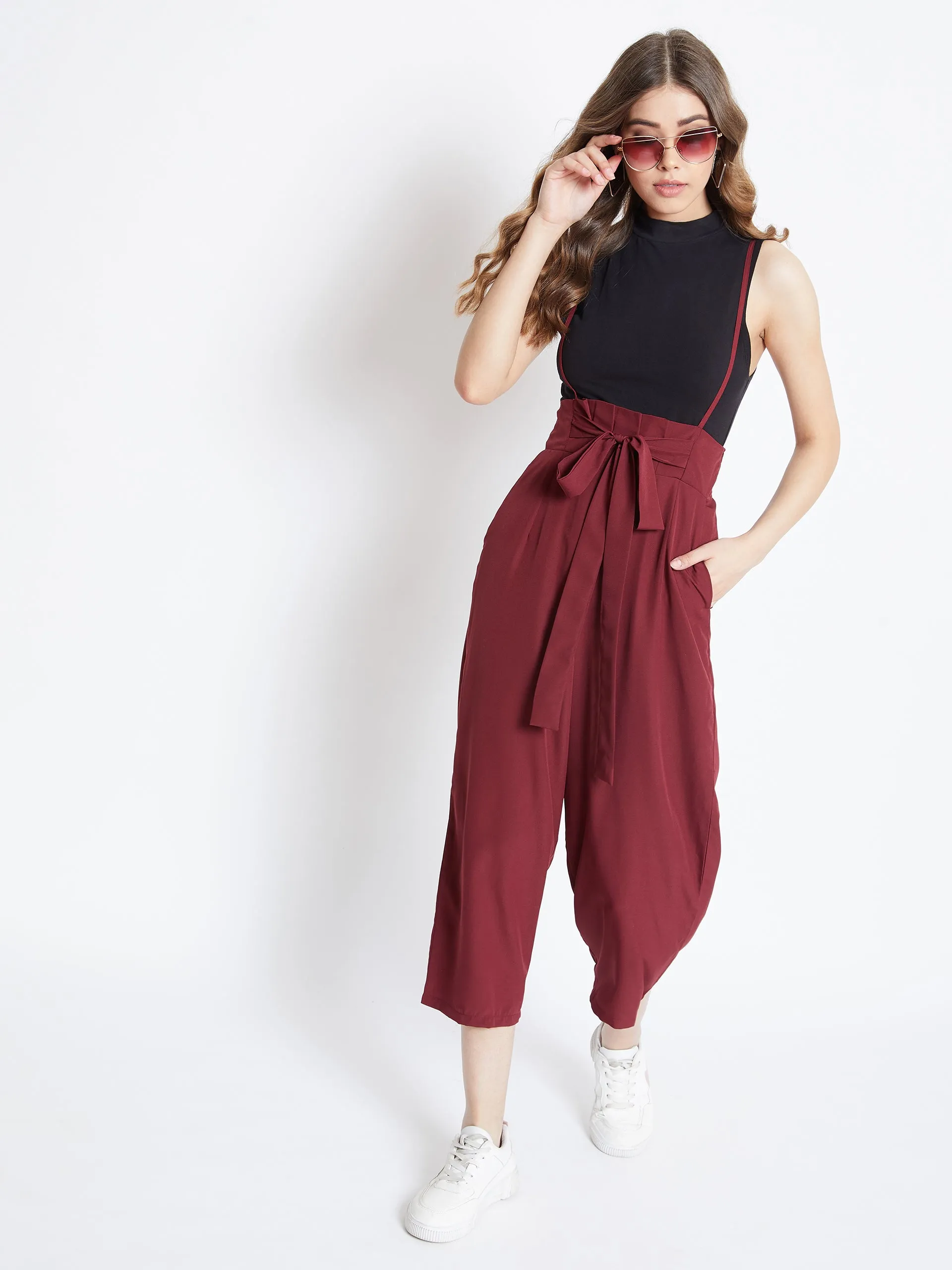 Berrylush Women Solid Maroon Smocked Back Tie-Up Capri Jumpsuit