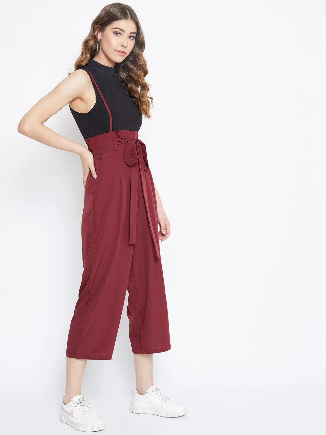 Berrylush Women Solid Maroon Smocked Back Tie-Up Capri Jumpsuit