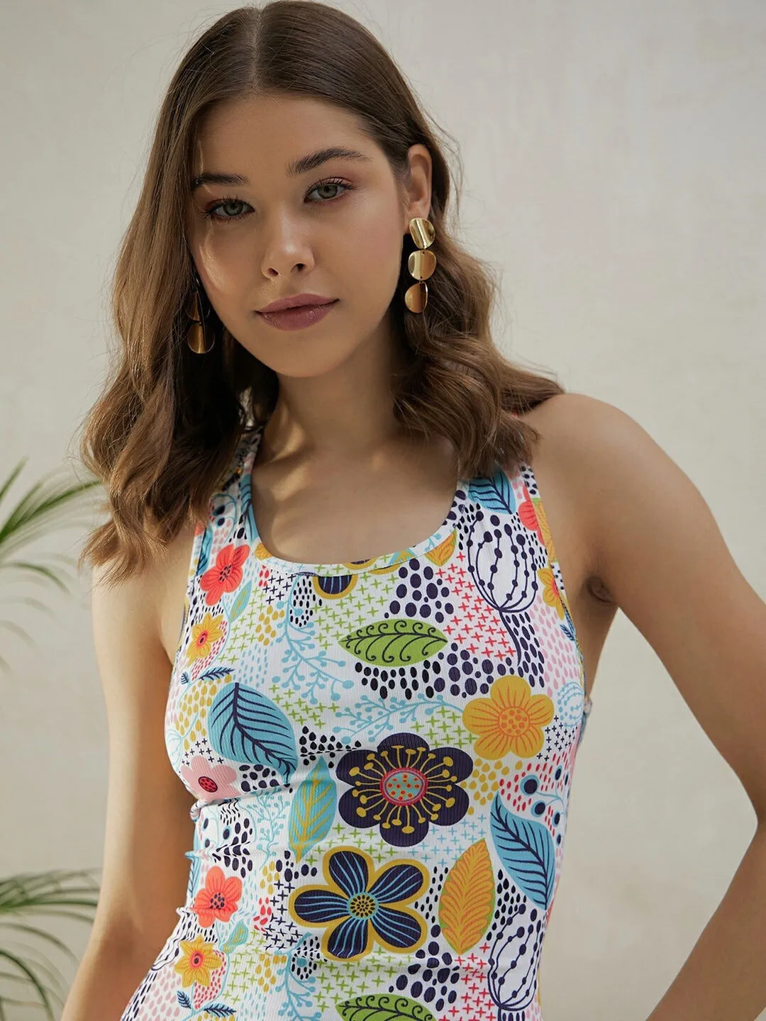 Berrylush Women White, Blue, & Orange Floral Printed Round Neck Sleeveless Back Tie-Up Straight Hem Bodycon Mini Dress