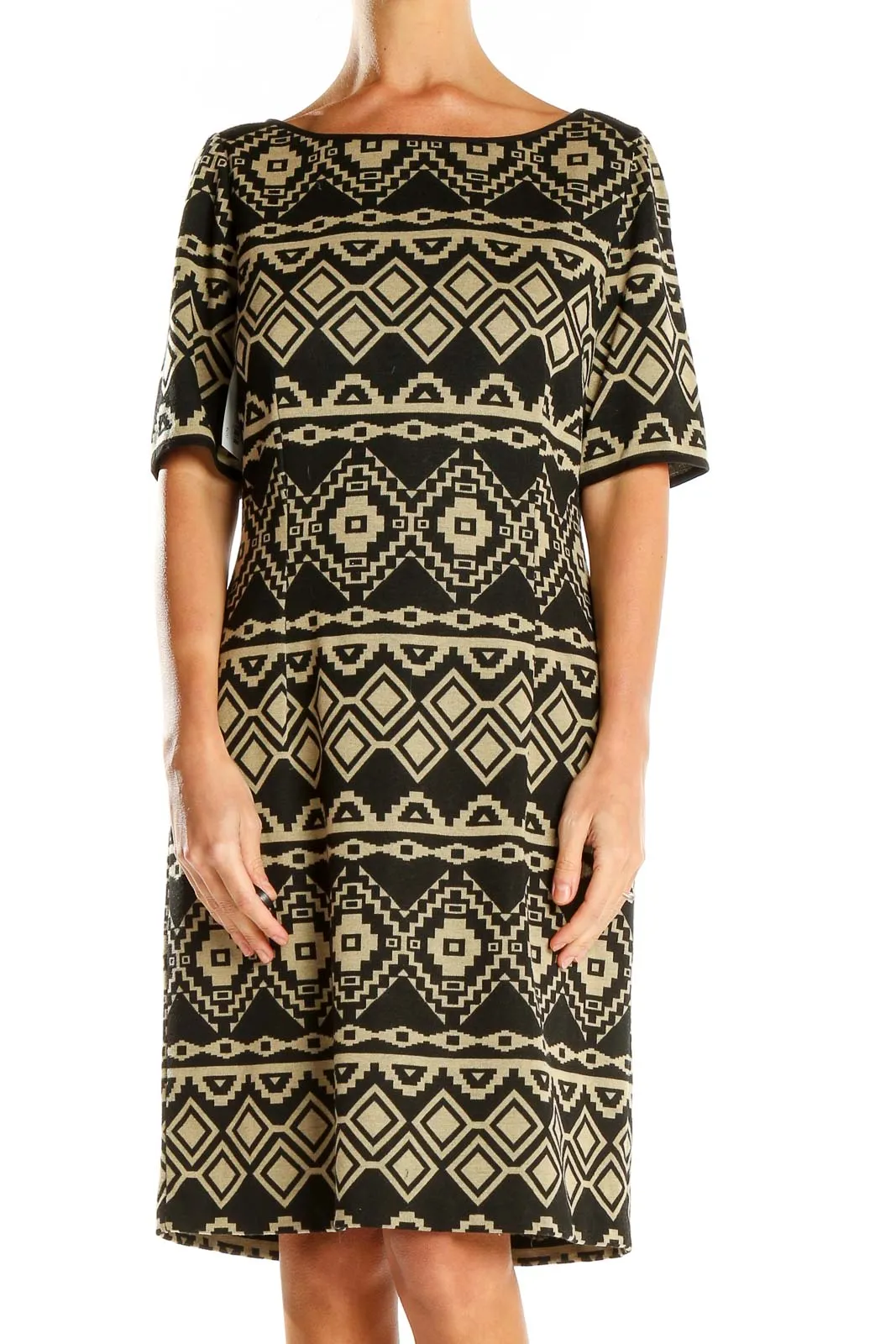 Black and Beige Geometric Knit Dress