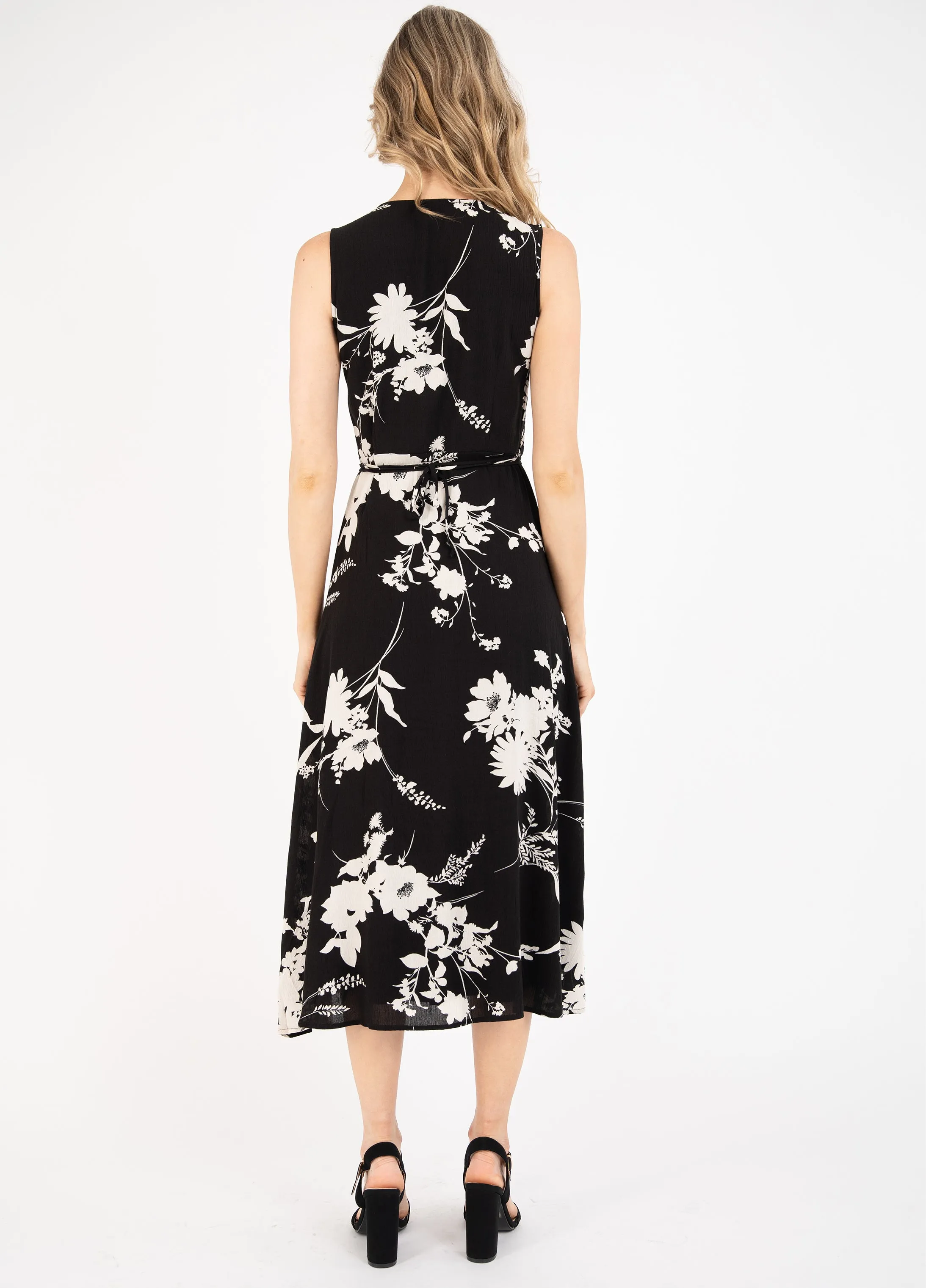 Black Floral Midi Wrap Dress