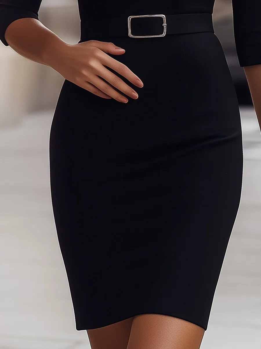 Black Keyhole Neckline Bodycon Dress with Belt