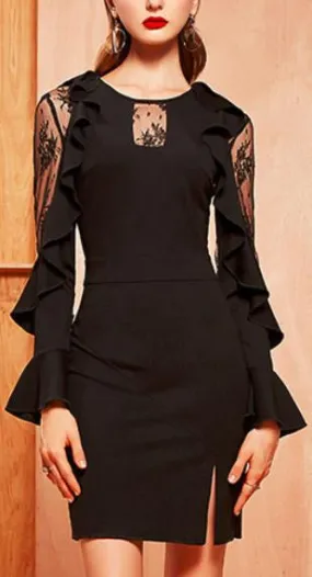 Black Lace-Panel Ruffle-Sleeve Bodycon Dress