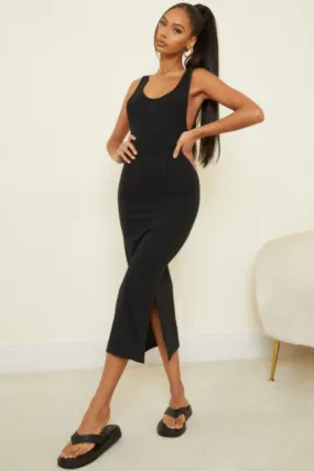 Black Scoop Neck Midi Bodycon Dress