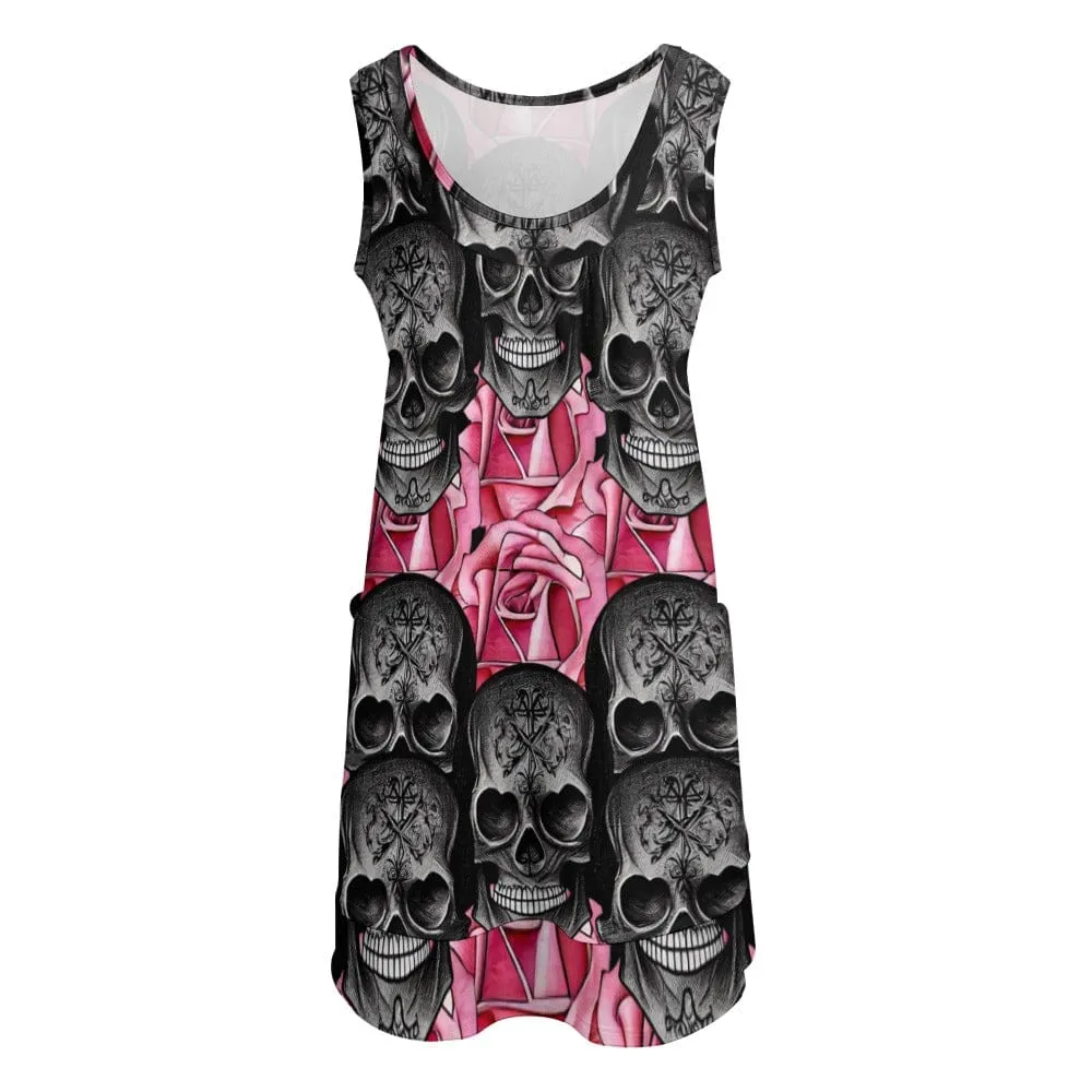 Black Skulls Pink Rose Sleeveless U-neck Dress