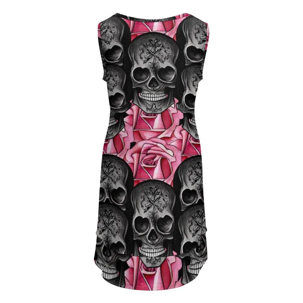 Black Skulls Pink Rose Sleeveless U-neck Dress