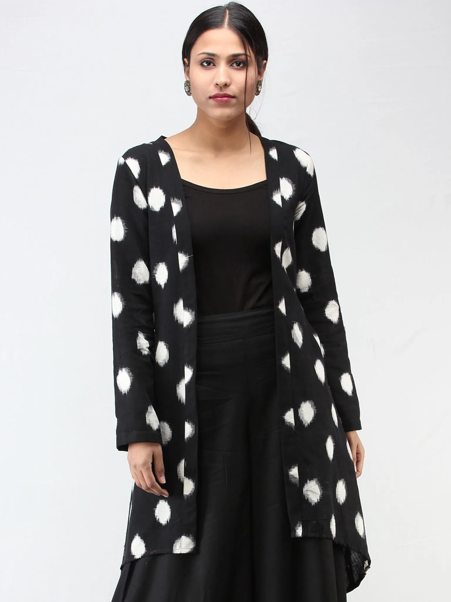 Black White Hand Woven Ikat Long Cape Jacket - J10FXXX