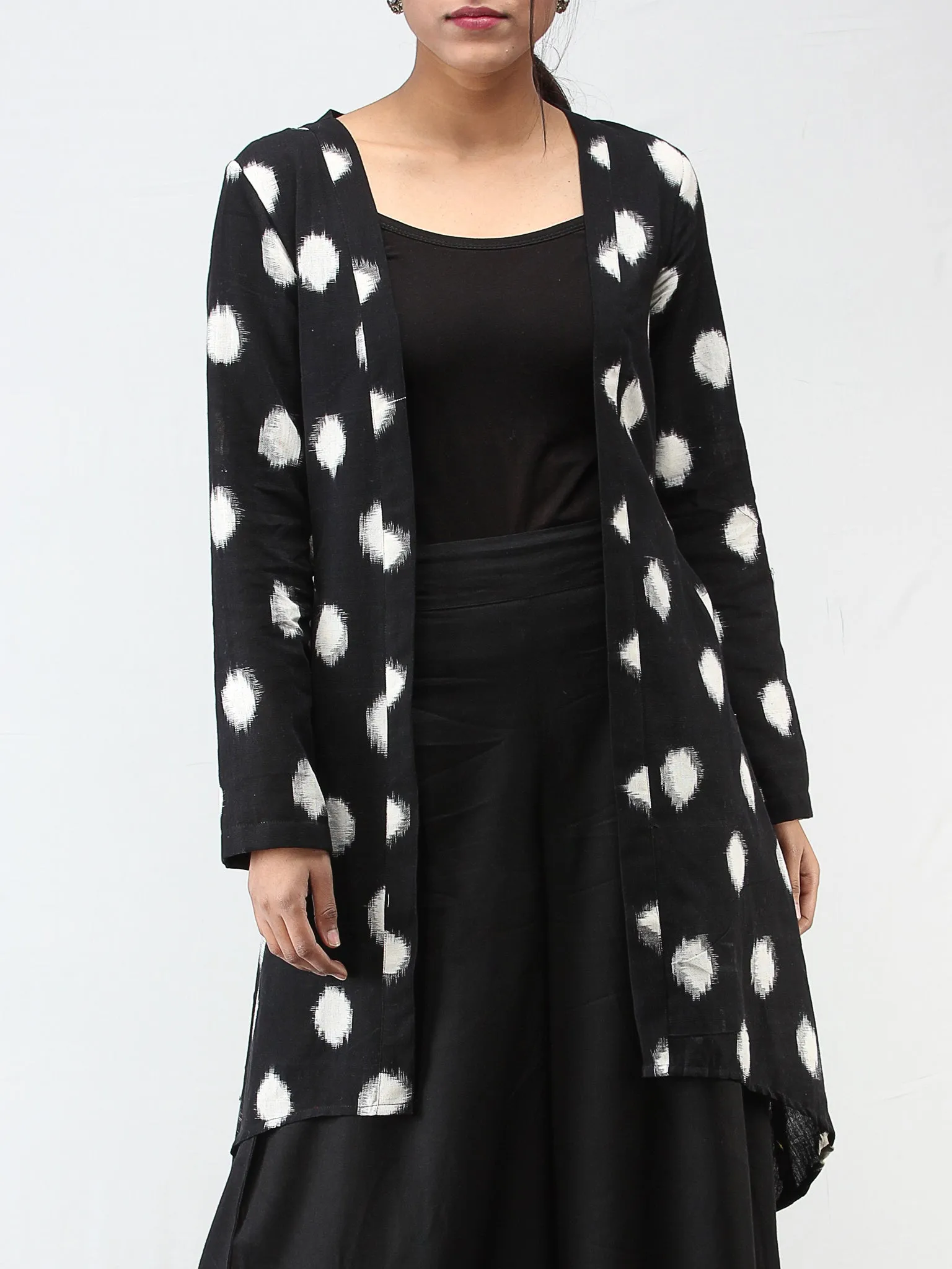 Black White Hand Woven Ikat Long Cape Jacket - J10FXXX