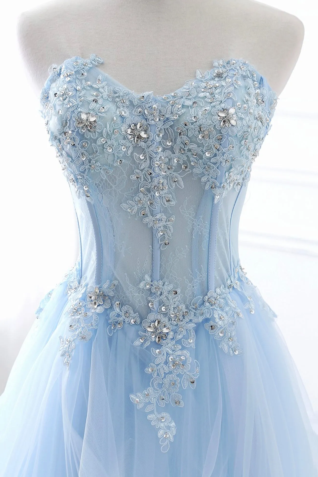 Blue Strapless Tulle Lace Long A-Line Prom Dress, Blue Evening Dress